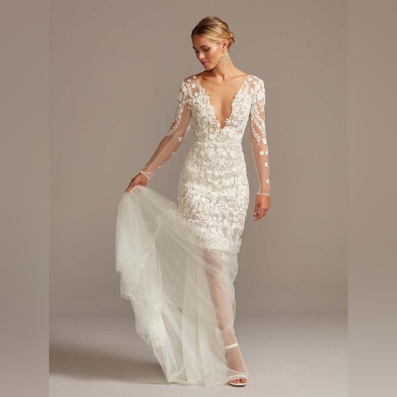 galina signature Dresses & Skirts - Galina Signature Embroidered Floral Illusion Bodysuit Wedding Dress
